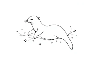 outline of a gracefully swimming otter over flourish lines and stars tattoo idea