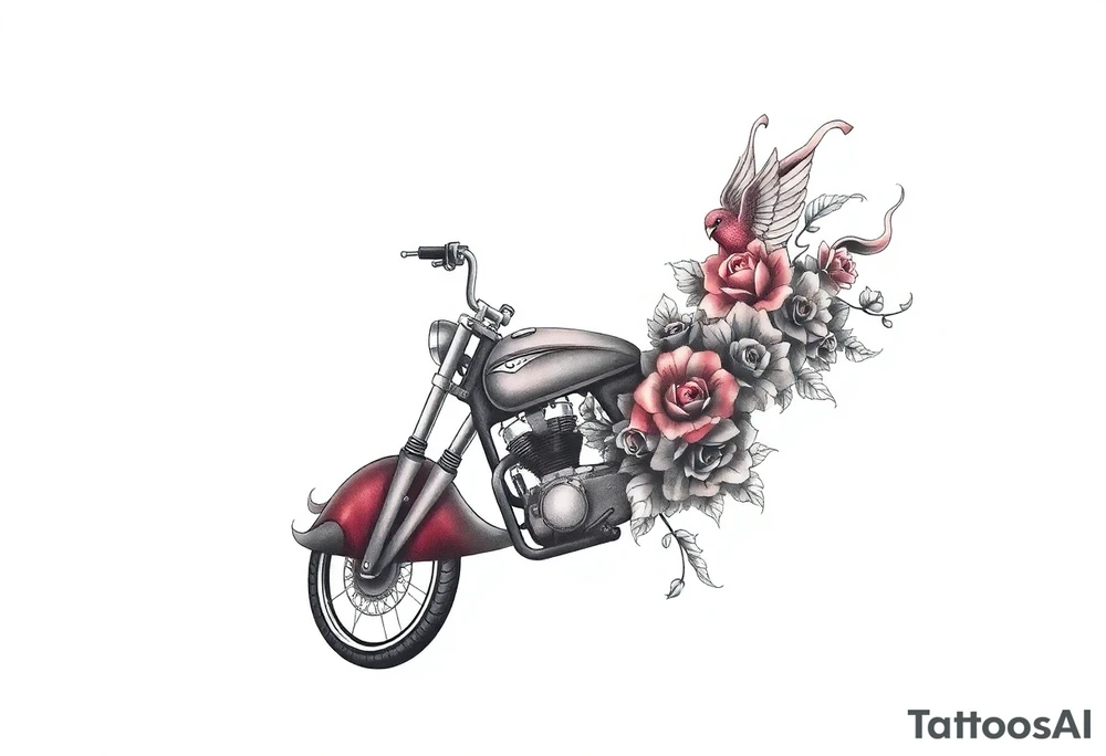 Motorcycle, red bird flying, roses and lace, flames tattoo idea