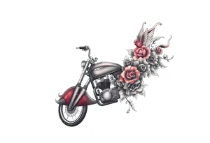 Motorcycle, red bird flying, roses and lace, flames tattoo idea