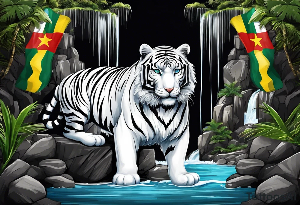 A white tiger and black tiger on opposite sides of a waterfall with an calligraphy ink container at the top and the Bahamian and Jamaican flag on opposite sides tattoo idea