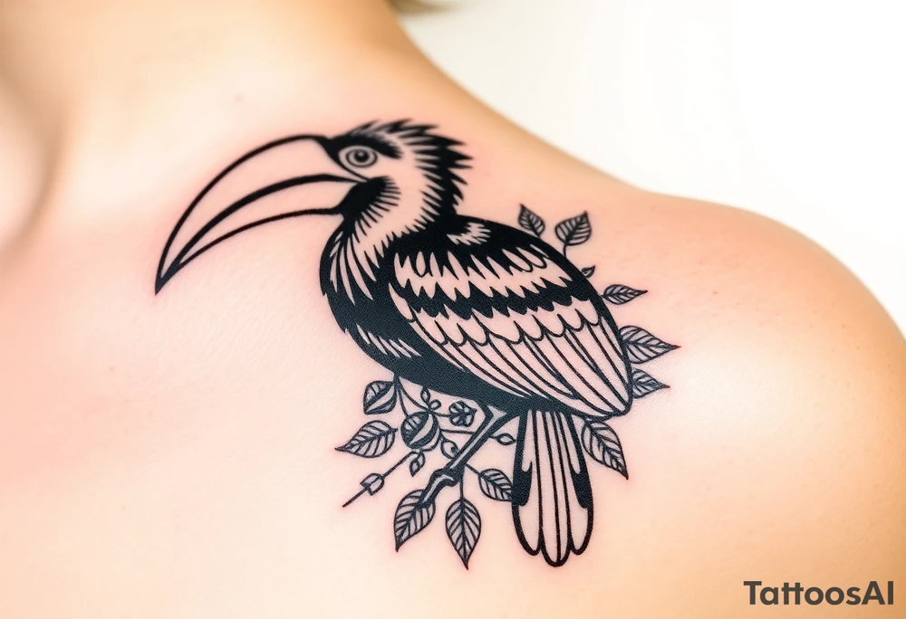 image of a Kalimantan ivory-horned hornbill with a Dayak motif woven background tattoo idea