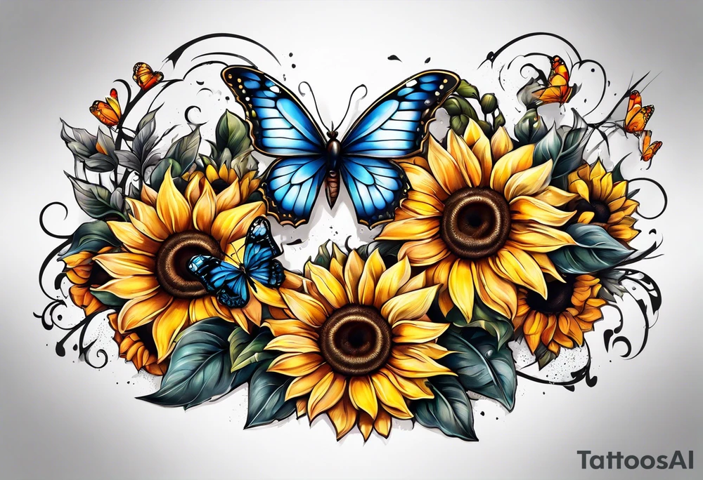 Sleeve with cross, sunflowers and butterflies tattoo idea