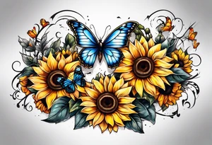 Sleeve with cross, sunflowers and butterflies tattoo idea