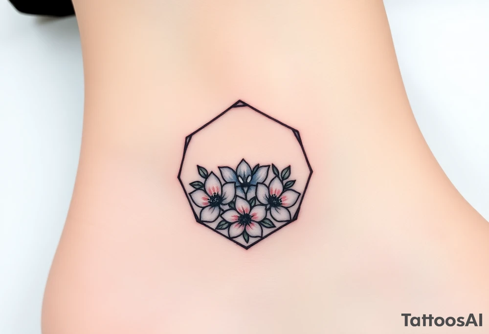 Faint Hexagon with Leo, larkspur and water lilies in the center tattoo idea