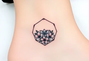 Faint Hexagon with Leo, larkspur and water lilies in the center tattoo idea