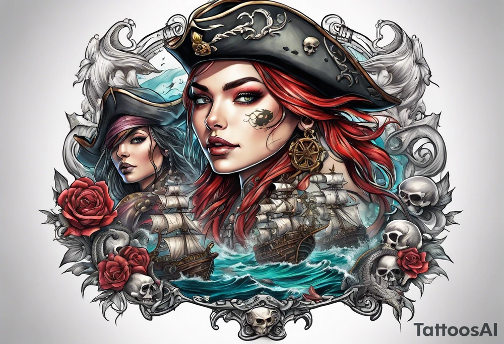 sexy female pirates with a group of skull pirates and a sea monster tattoo idea