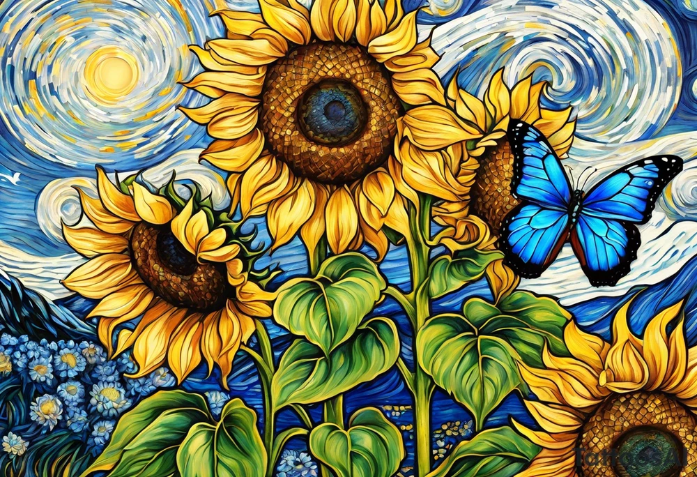 Sunflowers, full moon, blue morpho butterflies, cross tattoo idea