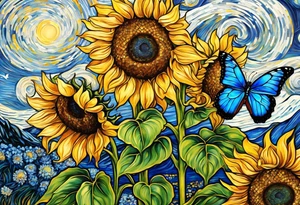 Sunflowers, full moon, blue morpho butterflies, cross tattoo idea