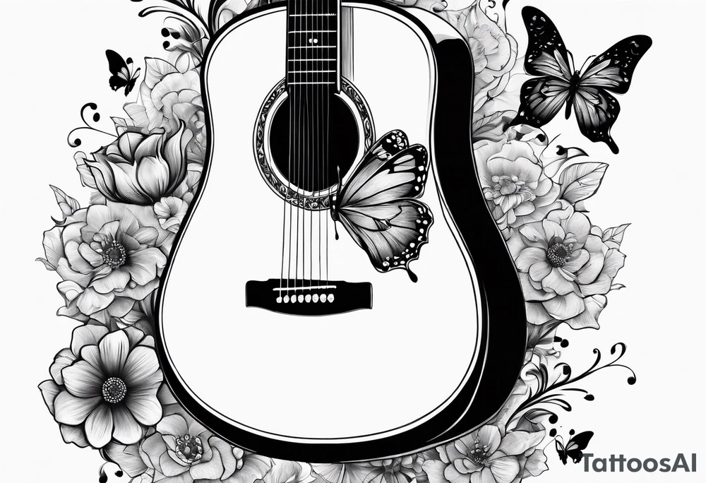 electric acoustic Guitar with flowers growing off the side, butterflies tattoo idea