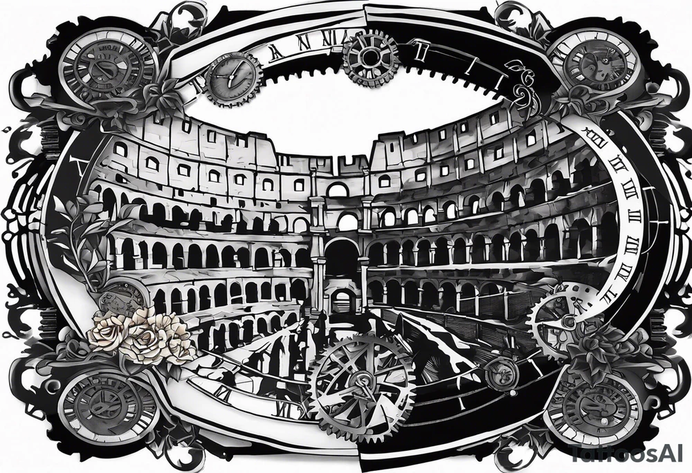A mechanical clock with internal gears and a weathered Roman colosseum in the background. A script quote, “it’s not the critic that counts it’s the man in the arena@ embedded tattoo idea