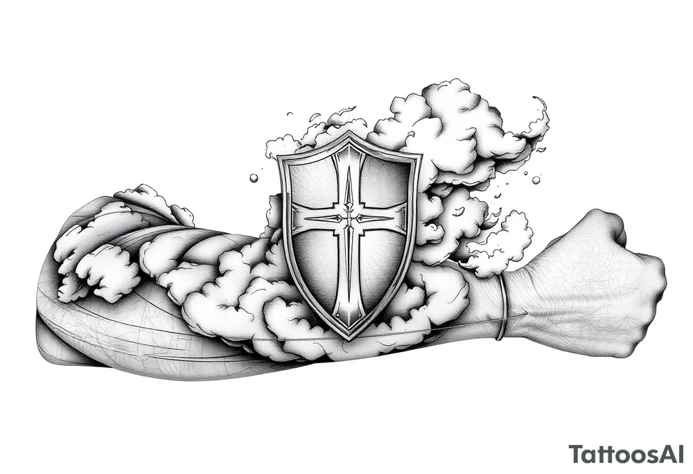Half sleeve. powerful, cloud, shield, cross, sky tattoo idea