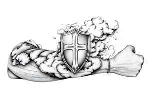Half sleeve. powerful, cloud, shield, cross, sky tattoo idea