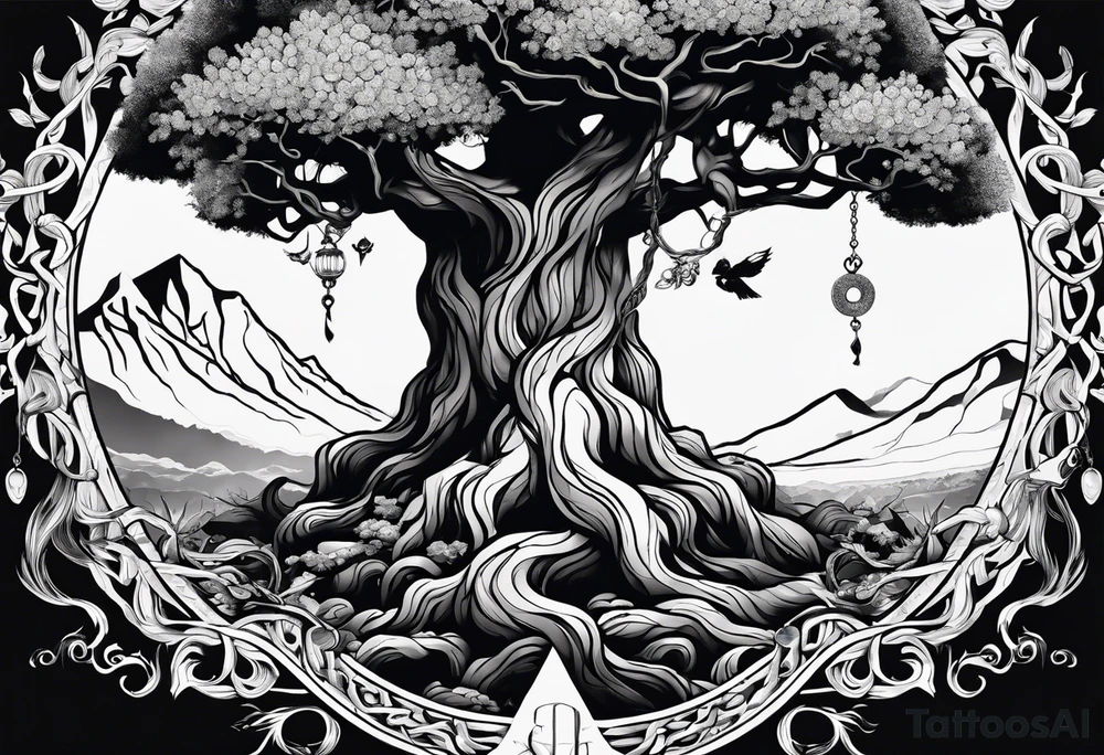 The deity Pan is entwined in a tree which is a portal tattoo idea