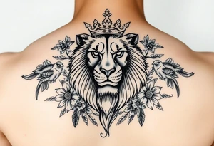 powerful majestic lion with a crown, surrounded by floral ornaments and birds tattoo idea