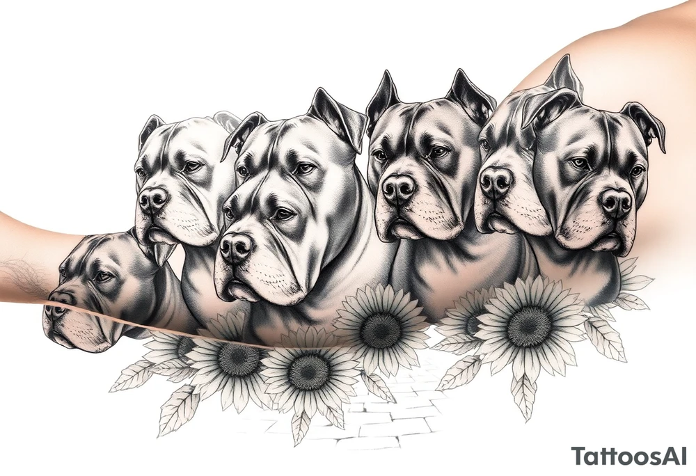 Multiple very thick muscled up pitbulls' portraits fading into the background as filler incorporate sunflowers, an old road made from pavers tattoo idea
