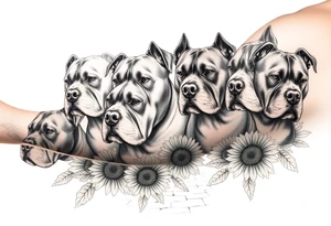 Multiple very thick muscled up pitbulls' portraits fading into the background as filler incorporate sunflowers, an old road made from pavers tattoo idea