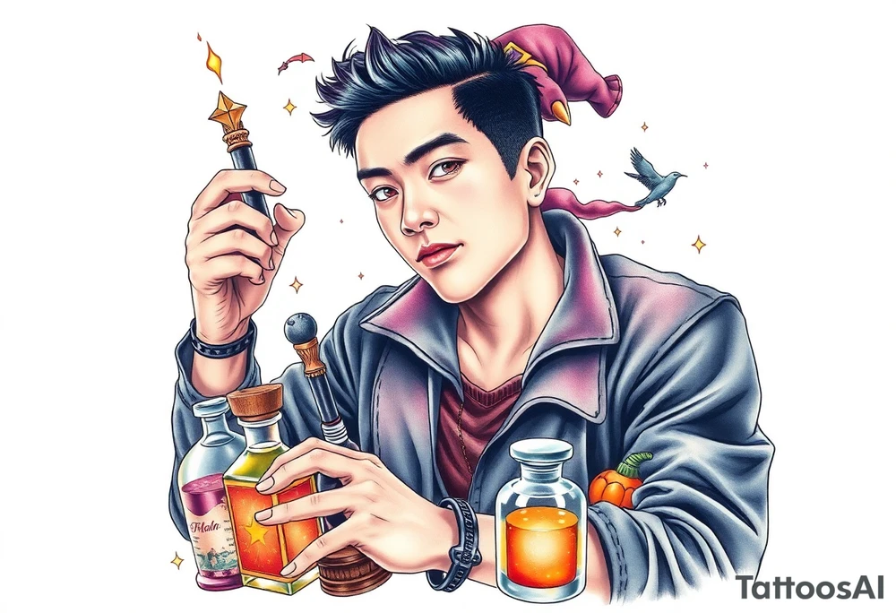 Handsome Asian young adult guy is  accidentally stumbled upon witch tools, supplies, artifacts, potions and exploring it curiously tattoo idea