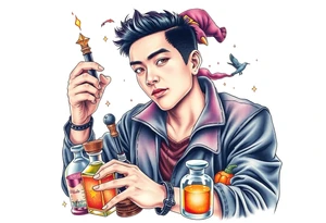 Handsome Asian young adult guy is  accidentally stumbled upon witch tools, supplies, artifacts, potions and exploring it curiously tattoo idea