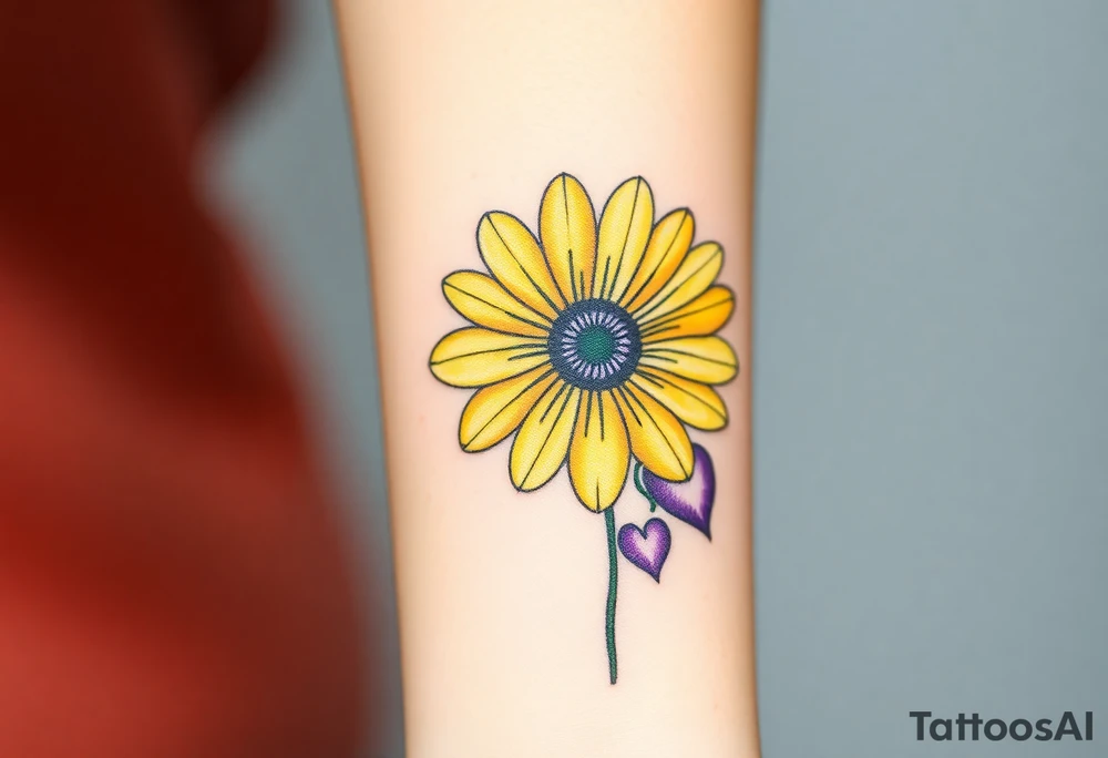 Yellow daisy flower with Purple Hearts tattoo idea