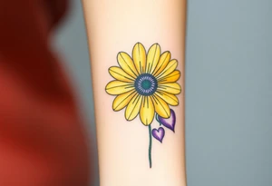 Yellow daisy flower with Purple Hearts tattoo idea