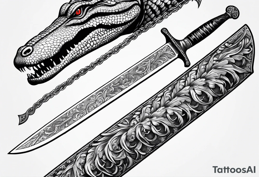 Dagger made out of an alligator with a sexy woman on the handle tattoo idea