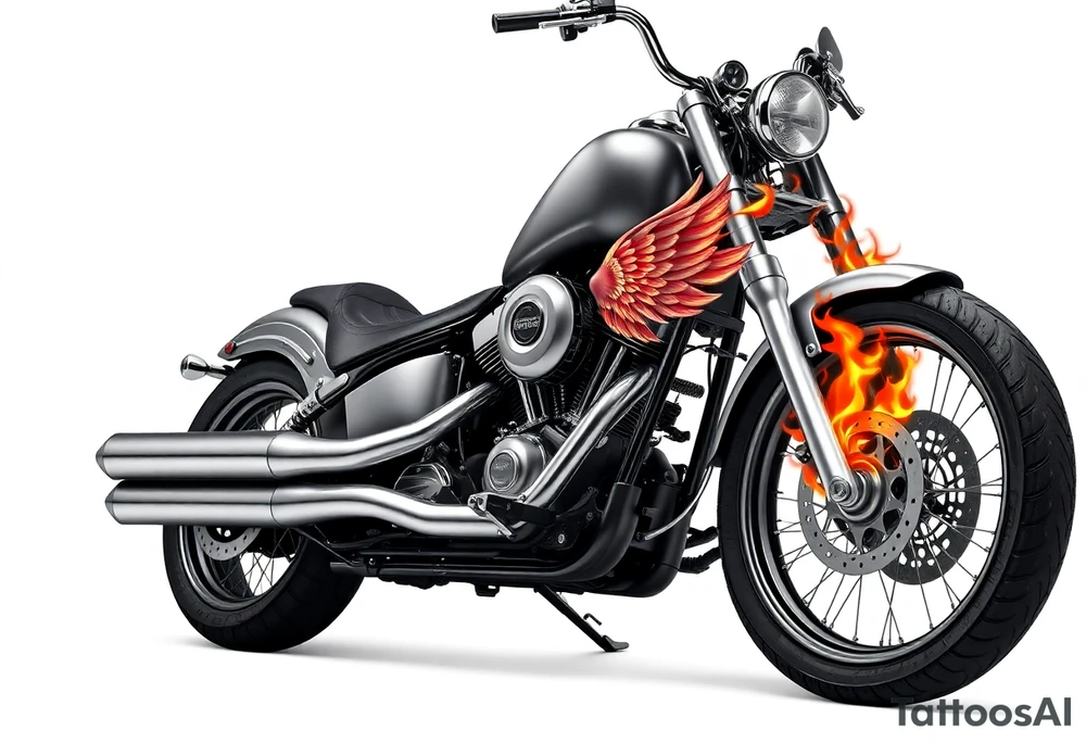 Low rider grey motorcycle, big muffler pipes with flames, angel wings tattoo idea