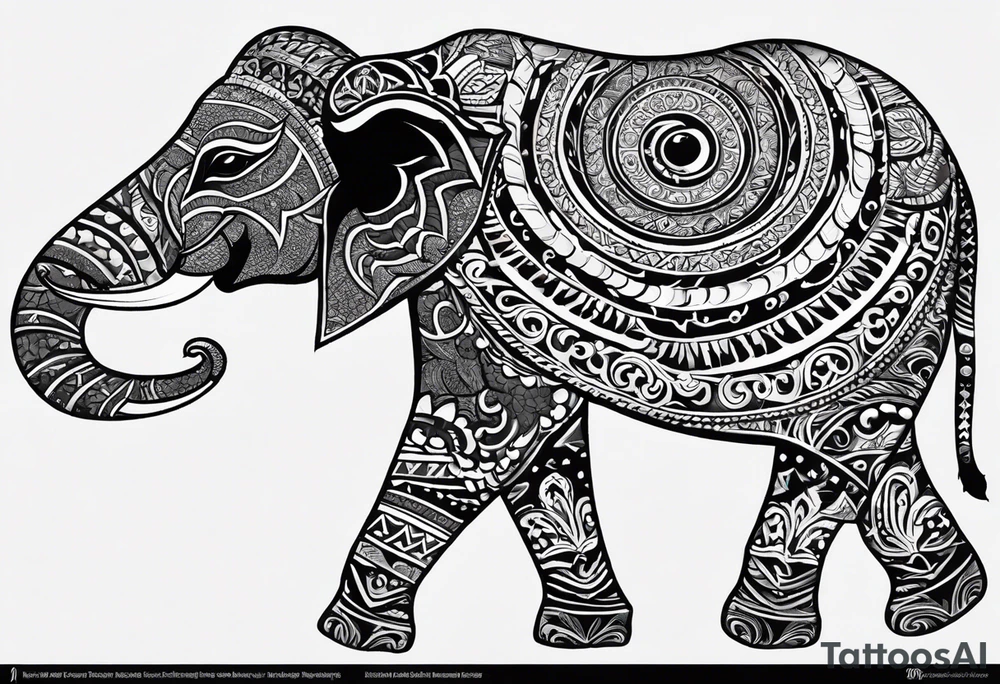 Hindu Sanskrit tribal design on right shoulder and chest, for man. No too dark and more thicker lines. Include ancient Hindu animals, like Navagunjara, elephants, naina snake 5 heads. tattoo idea