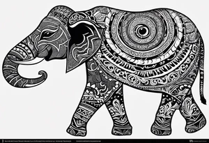Hindu Sanskrit tribal design on right shoulder and chest, for man. No too dark and more thicker lines. Include ancient Hindu animals, like Navagunjara, elephants, naina snake 5 heads. tattoo idea