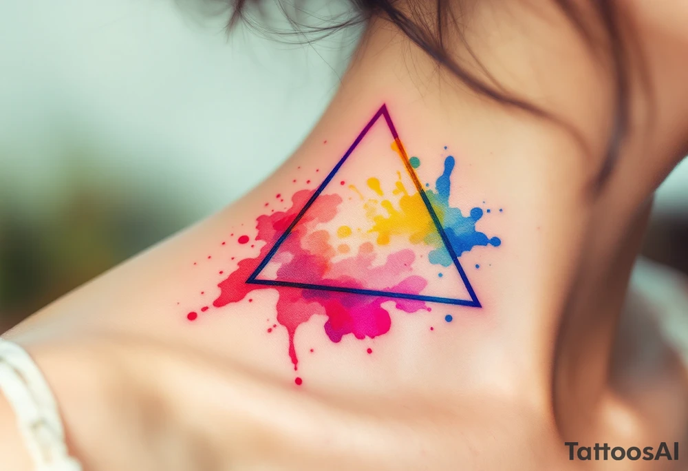 Words arranged in a triangle, each corner marked with a watercolor splash—rose red, ocean blue, and golden yellow. tattoo idea