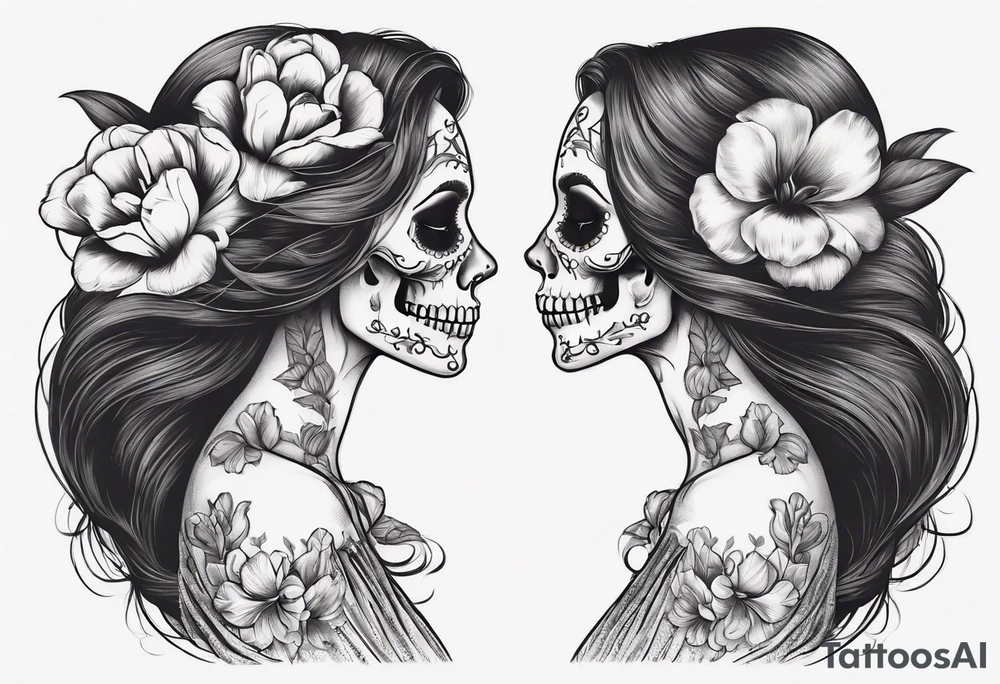 sideview of female skull with long hair and tulip tuft in hair and catrina painting, friendly mood tattoo idea