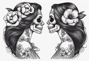 sideview of female skull with long hair and tulip tuft in hair and catrina painting, friendly mood tattoo idea