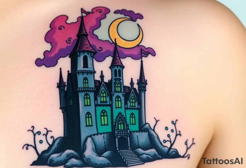 Tim Burton’s disney sleeping beauty’s haunted castle is abandoned and dripping with muted reds, dusty pinks, and eerie green glow.purple and cyan smokey clouds swirl in the crescent moonlit sky thats sprinkled with stars tattoo idea tattoo idea