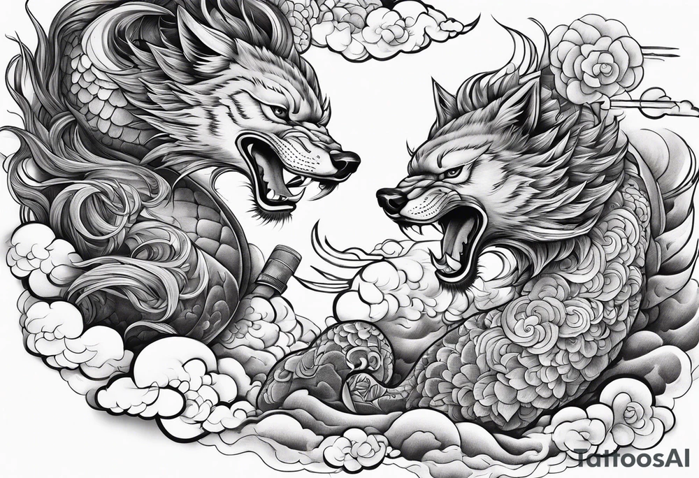 two creatures carving each another with tools japanese clouds tattoo idea