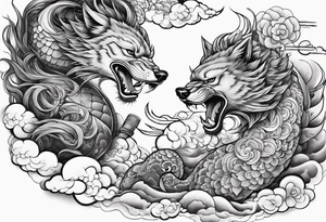 two creatures carving each another with tools japanese clouds tattoo idea