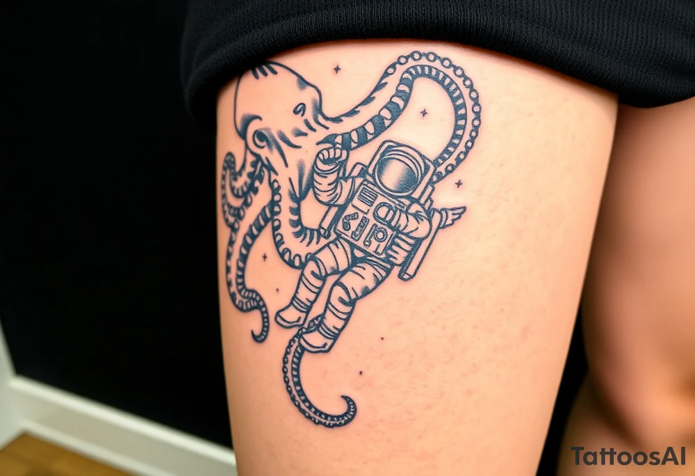 Deep sea kraken octopus, grabbing a astronaut with a space theme background tattoo idea