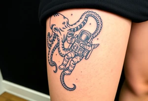 Deep sea kraken octopus, grabbing a astronaut with a space theme background tattoo idea