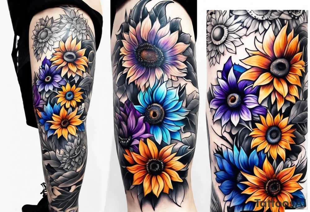Full leg sleeve with purple, orange and blue sunflowers tattoo idea