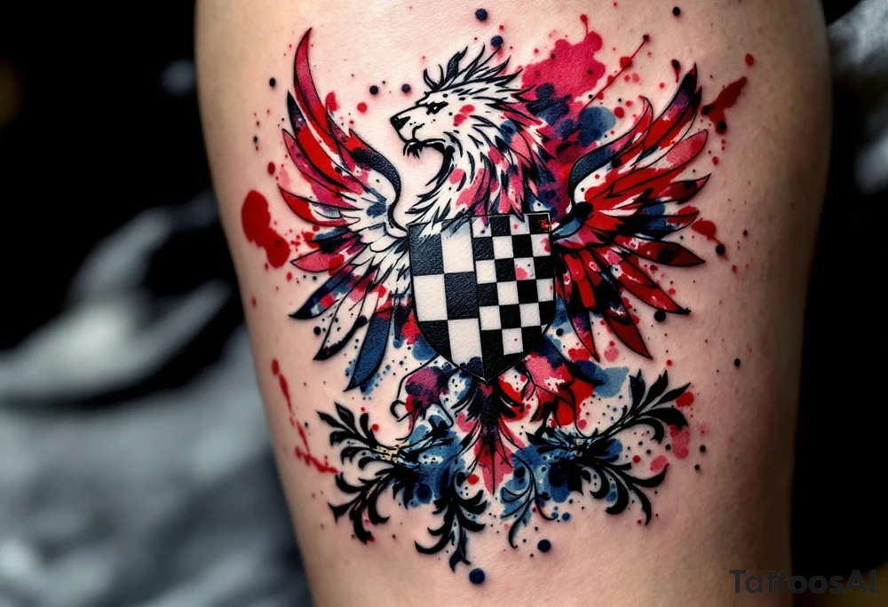 A modernized version of the existing coat of arms with a sleeker, minimalist design while keeping the red and white Bohemian lion, the Moravian checkered eagle (blue and white), and the Silesian black eagle on gold. tattoo idea