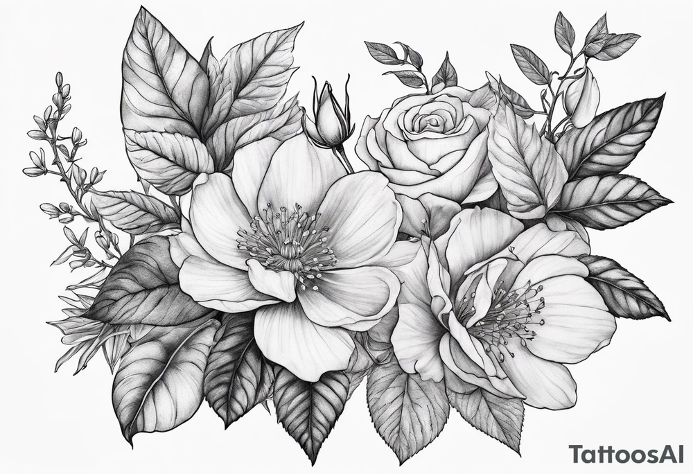 Botanical upper arm tattoo with natural and realistic looking honeysuckle and wild roses interwoven and a long tailed tit perched on it tattoo idea