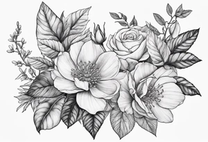 Botanical upper arm tattoo with natural and realistic looking honeysuckle and wild roses interwoven and a long tailed tit perched on it tattoo idea