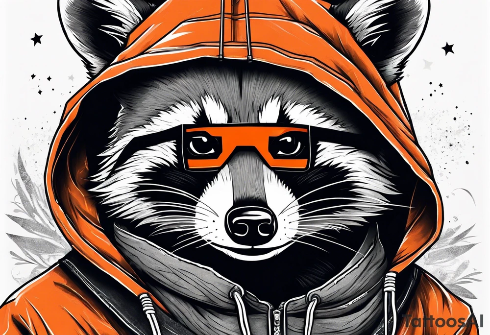 Raccoon wearing an orange Superman hoodie tattoo idea
