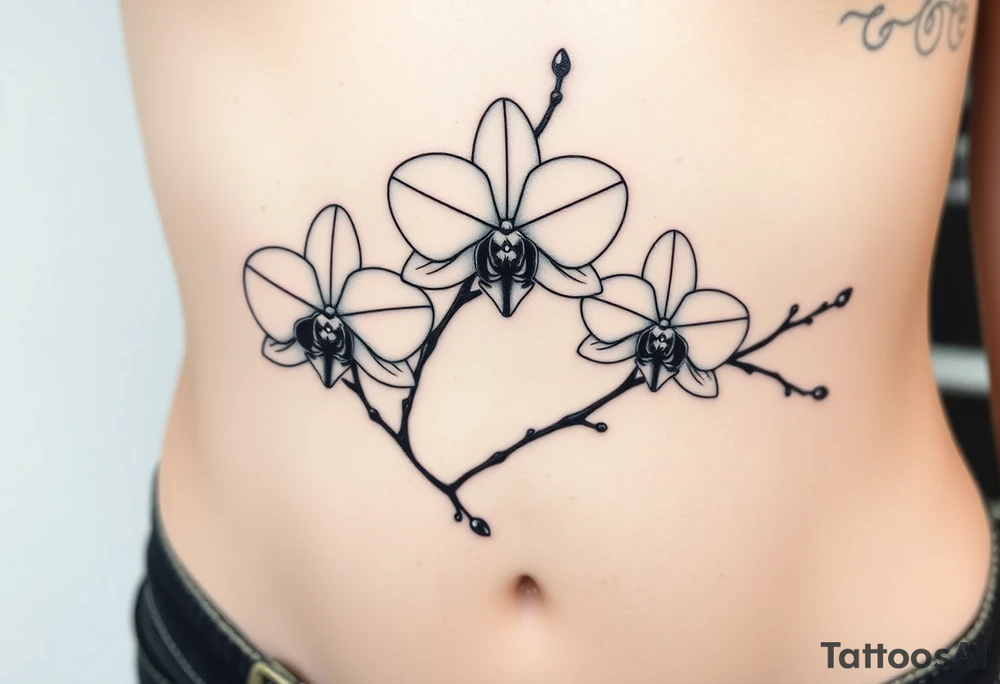 3 delicate fine line orchids realistic with a mix with vagina and branching tattoo idea