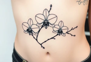 3 delicate fine line orchids realistic with a mix with vagina and branching tattoo idea