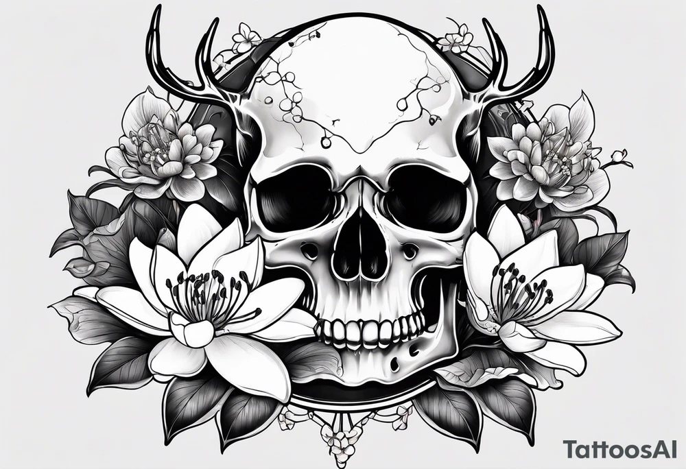 human skull, deer skull, water lily, cherry blossoms with roller coaster track and lily of the valley for fill tattoo idea