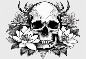human skull, deer skull, water lily, cherry blossoms with roller coaster track and lily of the valley for fill tattoo idea