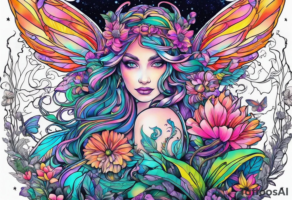Fairies in forest neon colors tattoo idea