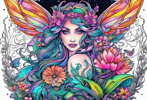 Fairies in forest neon colors tattoo idea