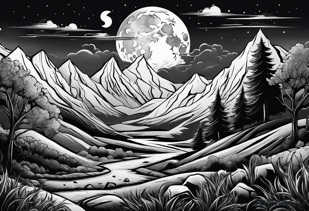 Graveyard with moon and smoke  on hills tattoo idea