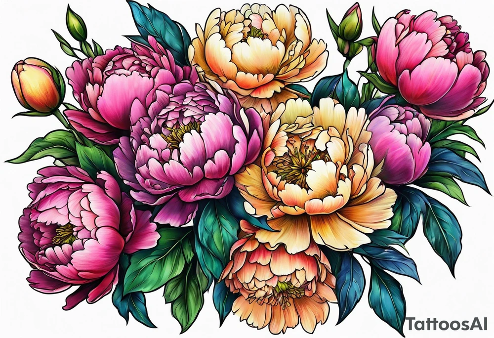 colorful peonies bouquet, neon colored tattoo idea