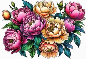 colorful peonies bouquet, neon colored tattoo idea